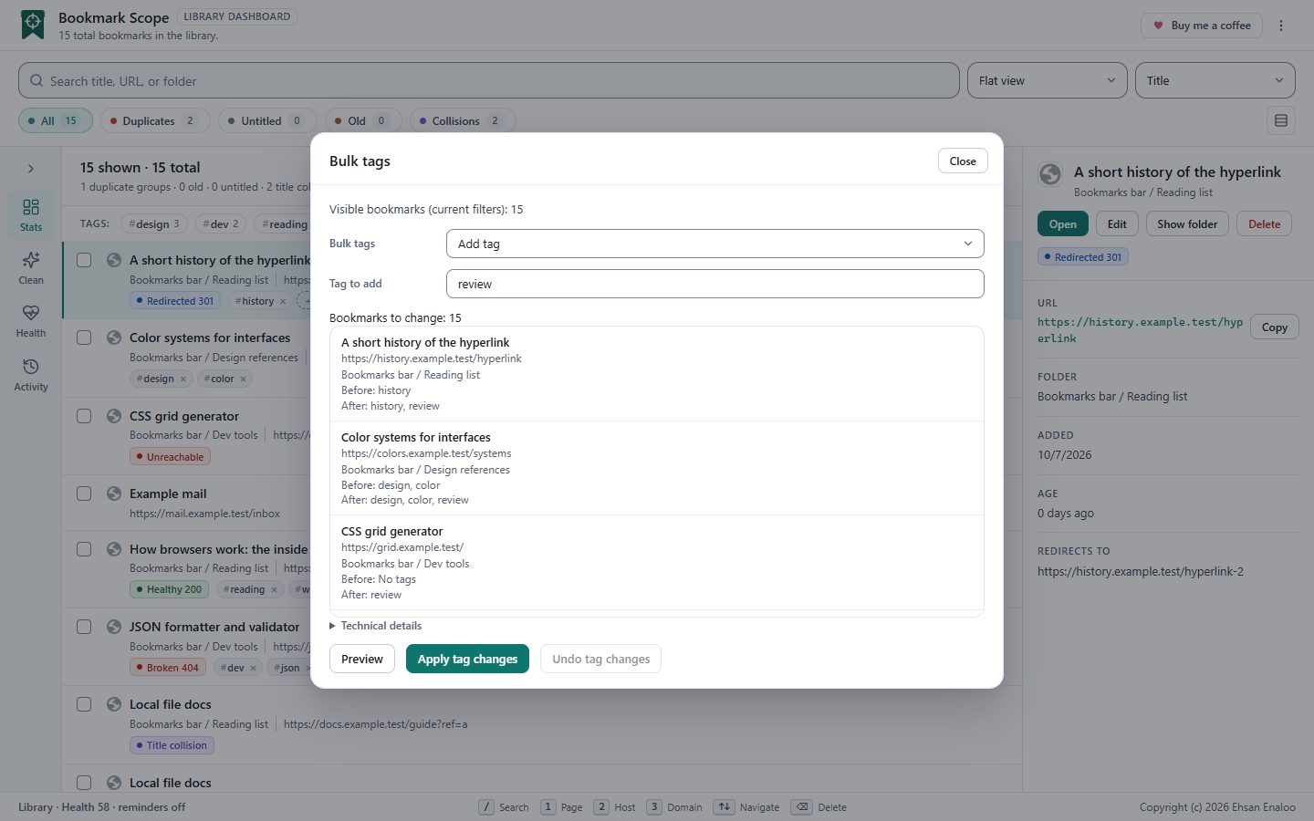The Bulk tags dialog showing the target scope, the operation selector, a tag field and a preview listing the before and after tags for each bookmark