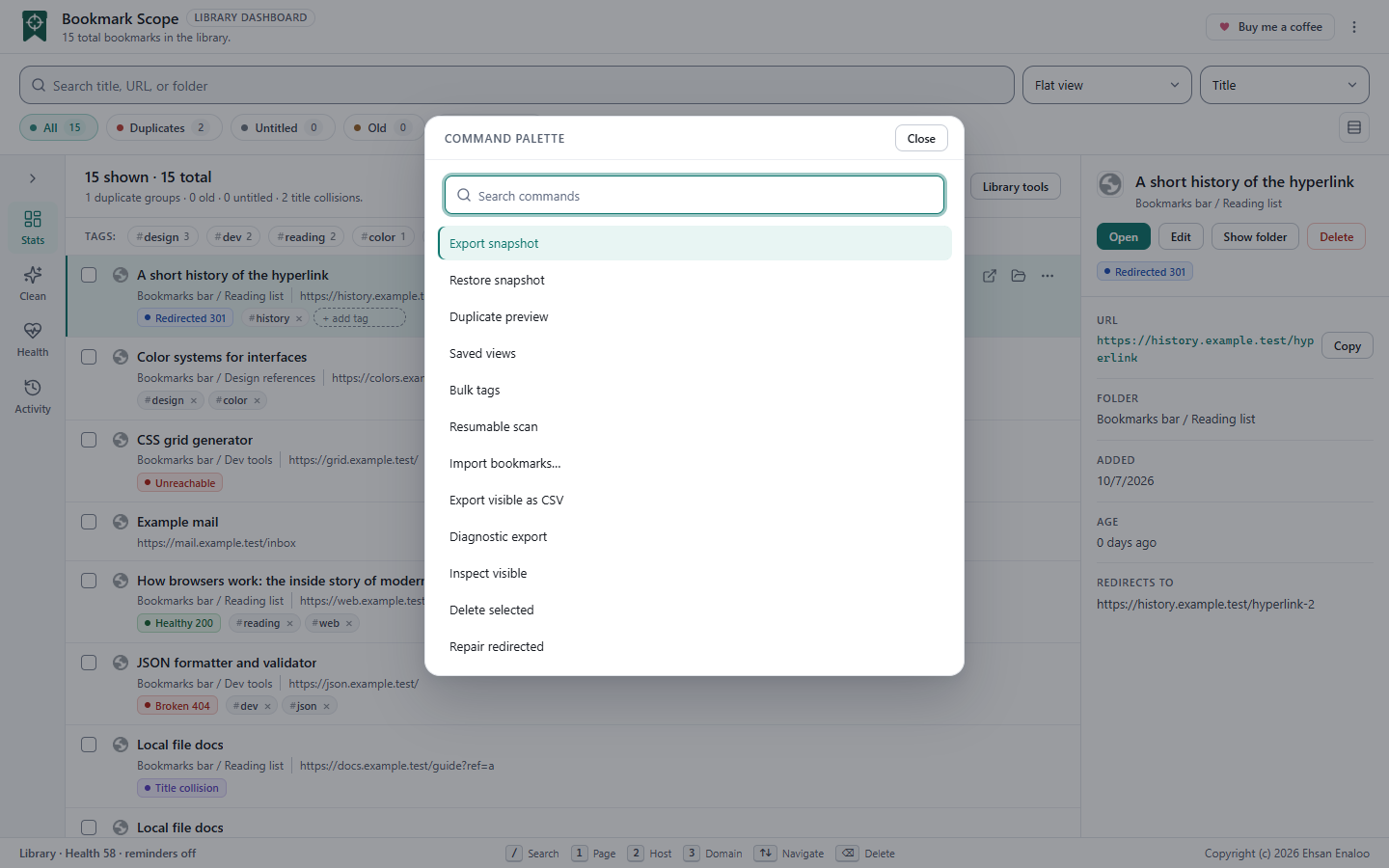 The command palette dialog with a search box and a list of commands, one highlighted