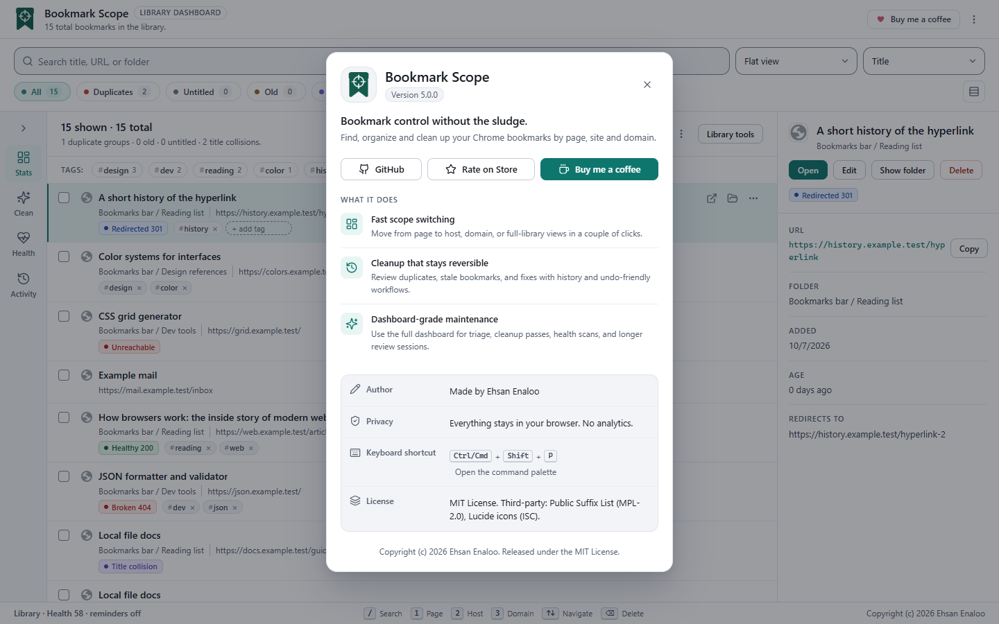 The About dialog over the dashboard: app icon, name and version, User guide, GitHub, Rate on Store and Buy me a coffee buttons, a list of what the extension does, and details for author, privacy, keyboard shortcut and license