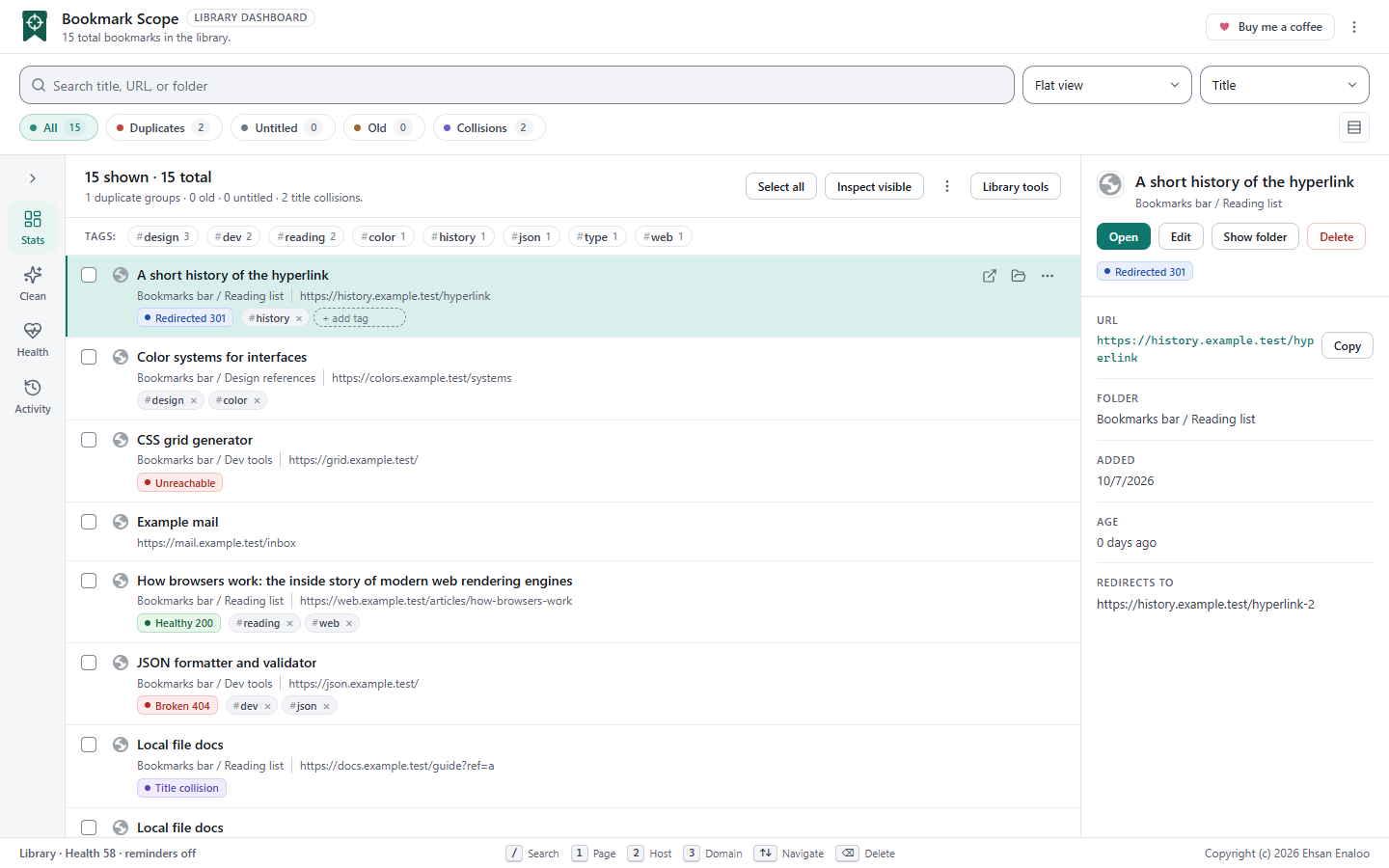 The dashboard with the detail panel on the right showing the active bookmark title, folder path, Open, Edit, Show folder and Delete buttons, a health badge, and fields for URL, folder, date added, age and redirect target
