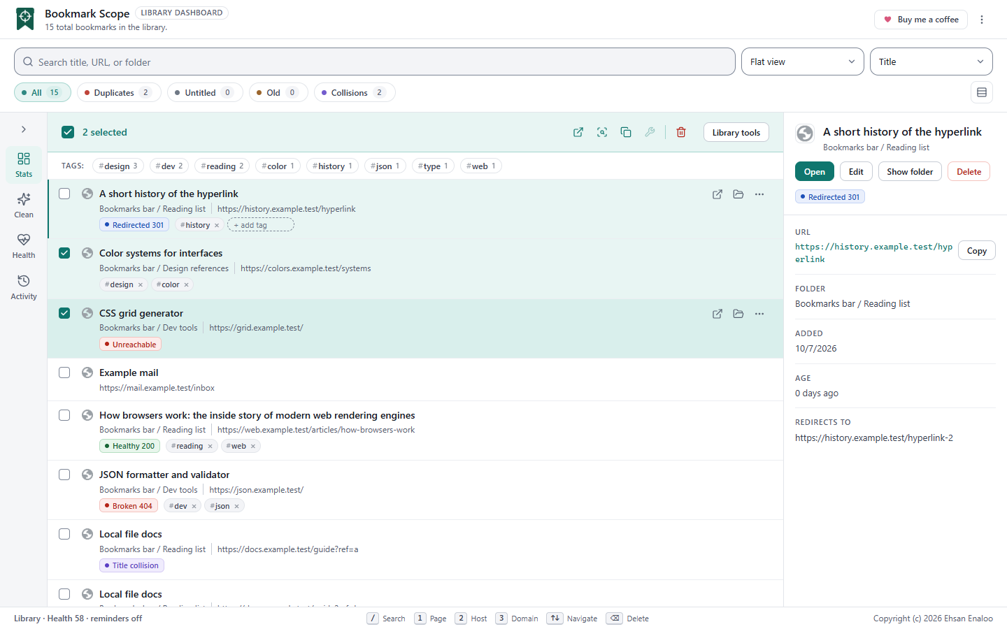 The dashboard with two rows selected and a selection bar above the list with a count and icon buttons for the batch actions, next to the Library tools button