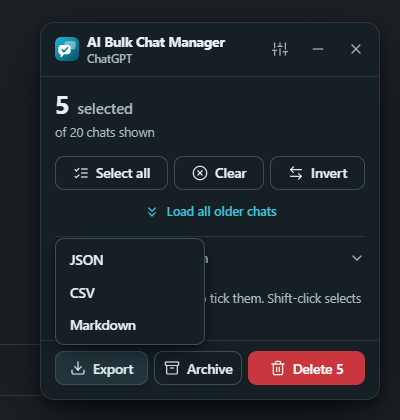 The panel with the Export menu open, listing JSON, CSV and Markdown