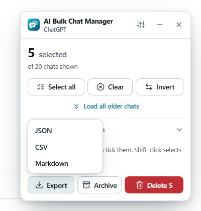 The panel with the Export menu open, listing JSON, CSV and Markdown