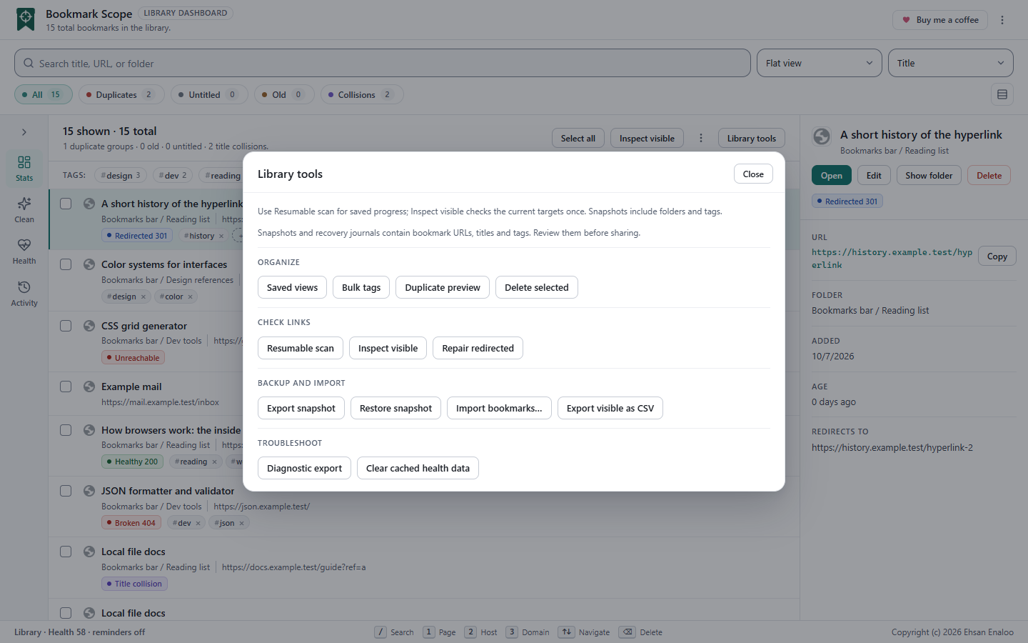The Library tools dialog with the Backup and import group listing Export snapshot, Restore snapshot and Import bookmarks