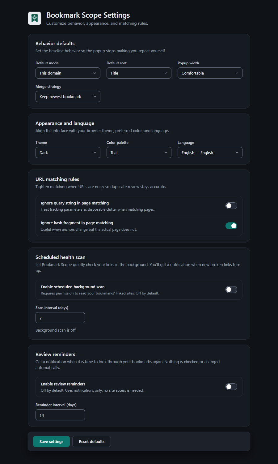 The Bookmark Scope settings page with sections for behavior defaults, appearance and language, URL matching rules, the scheduled health scan and review reminders