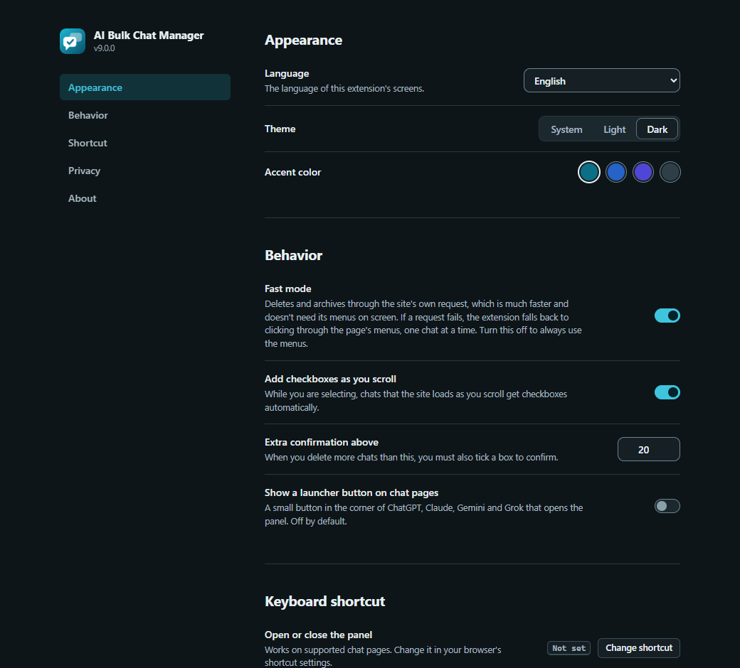 The Options page with the Appearance and Behavior sections: language, theme, accent color, fast mode, checkboxes as you scroll, extra confirmation and launcher button