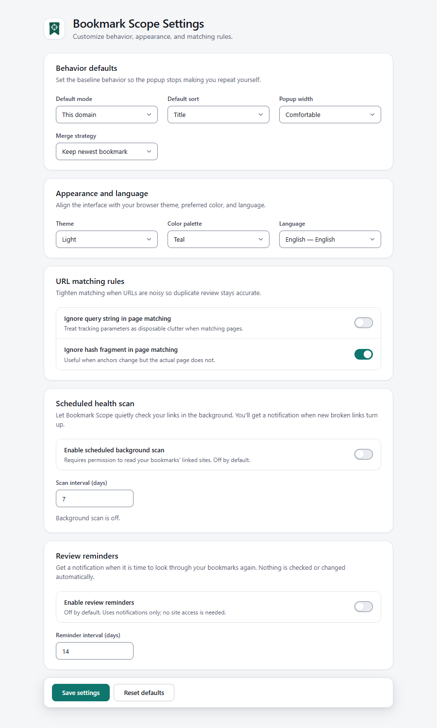 The Bookmark Scope settings page with sections for behavior defaults, appearance and language, URL matching rules, the scheduled health scan and review reminders