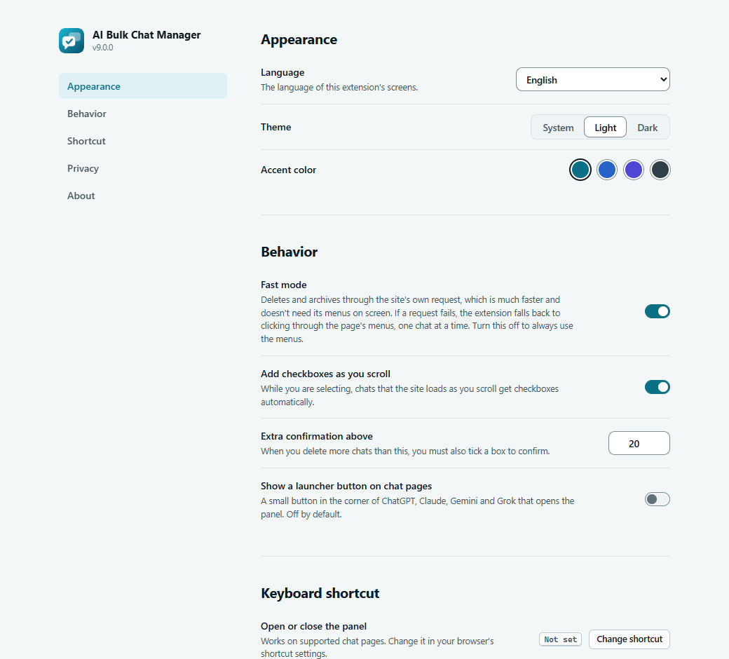 The Options page with the Appearance and Behavior sections: language, theme, accent color, fast mode, checkboxes as you scroll, extra confirmation and launcher button