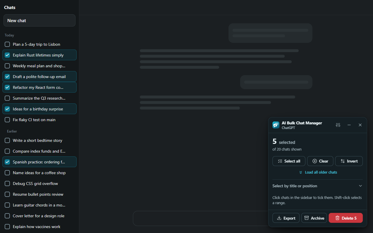 The panel in the dark theme next to a dark chat list with five chats ticked