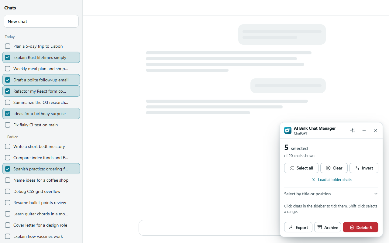 The panel in the dark theme next to a dark chat list with five chats ticked