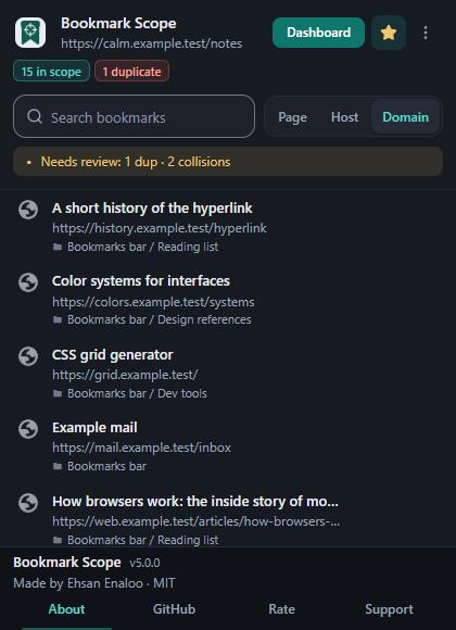 The Bookmark Scope popup showing the current page address, a count of bookmarks in scope, a search box, a Page, Host, Domain switch and a short list of matching bookmarks