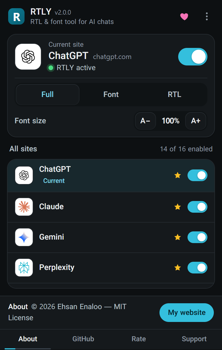 The popup in English with the dark theme
