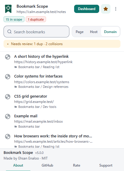 The Bookmark Scope popup showing the current page address, a count of bookmarks in scope, a search box, a Page, Host, Domain switch and a short list of matching bookmarks