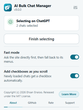 The toolbar popup showing Selecting on ChatGPT, 2 chats selected, a Finish selecting button, the Fast mode and Add checkboxes as you scroll switches and the About footer