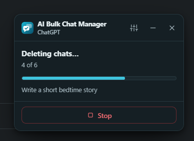 The panel showing Deleting chats, 4 of 6, a progress bar, the title of the current chat and a Stop button