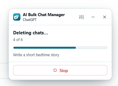 The panel showing Deleting chats, 4 of 6, a progress bar, the title of the current chat and a Stop button